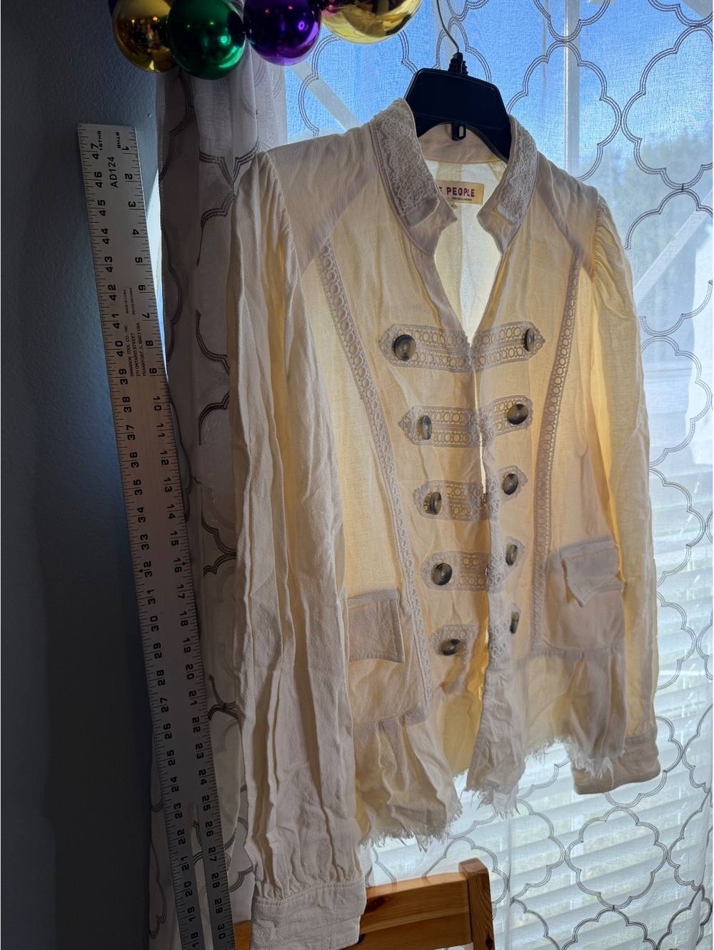 Free People Ivory Military Jacket Lace Accent Peplum Band Jacket Canvas Womens M